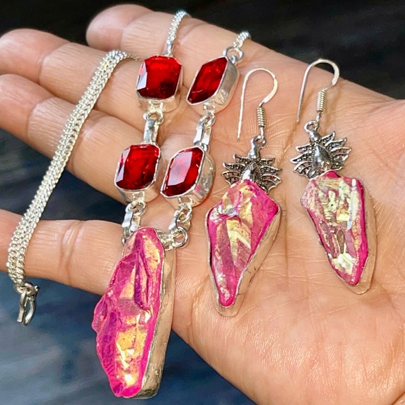 Titanium Bright Pink Drusy Necklace & Earrings Set - Picture 2 of 6